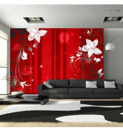 Papier peint - Abstract in red - white flower motif with patterns and sparkles