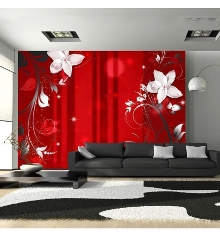 Carta da parati - Abstract in red - white flower motif with patterns and sparkles