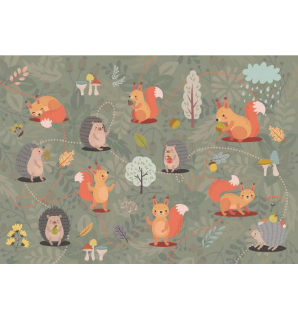 Fotobehang - Friends from the forest - colourful forest with mushrooms and animals for children