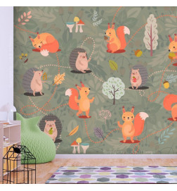 Papier peint - Friends from the forest - colourful forest with mushrooms and animals for children