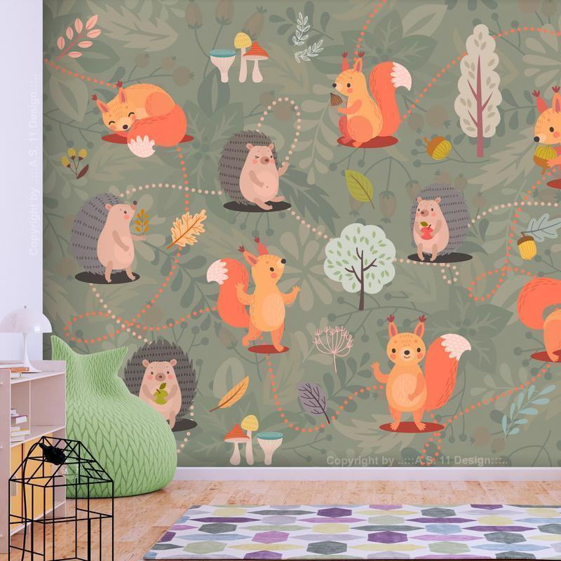 34,00 € Wall Mural - Friends from the forest - colourful forest with mushrooms and animals for children