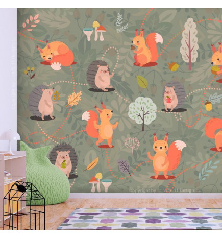 Fotobehang - Friends from the forest - colourful forest with mushrooms and animals for children