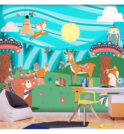 Fotobehang - Adventures in the forest - forest animals in an Indian theme for children
