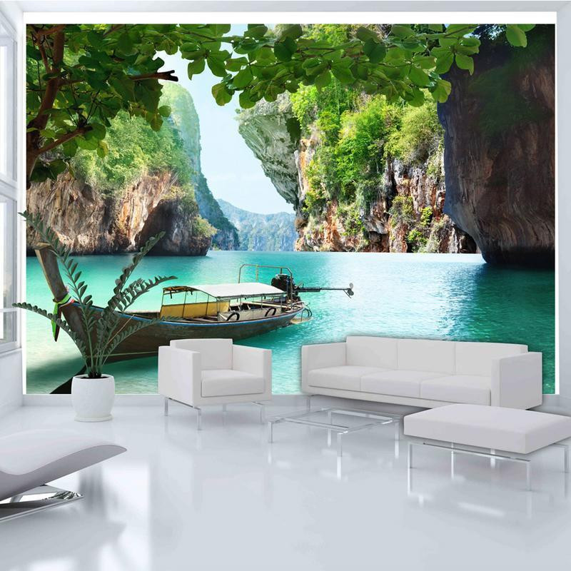 40,00 € Wall Mural - Abandoned Boat - Tropical Landscape with a Boat amidst Rocky Cliffs