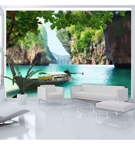 40,00 € Wall Mural - Abandoned Boat - Tropical Landscape with a Boat amidst Rocky Cliffs