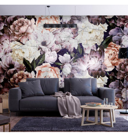 Wall Mural - Plant motif with peonies in a garden - retro style flower background