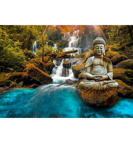 Fototapete - Orient - landscape with Buddha sculpture on a background of a waterfall and exotic forest