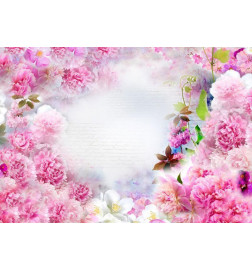 Foto tapete - Scent of Carnations - Abstract Floral Motif with Inscriptions and Clouds