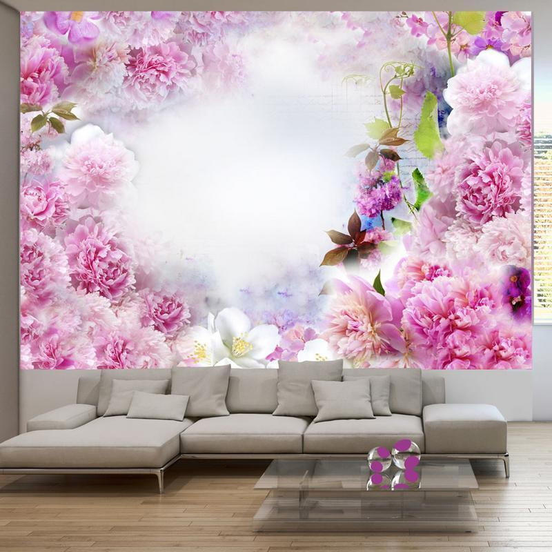 34,00 € Foto tapete - Scent of Carnations - Abstract Floral Motif with Inscriptions and Clouds