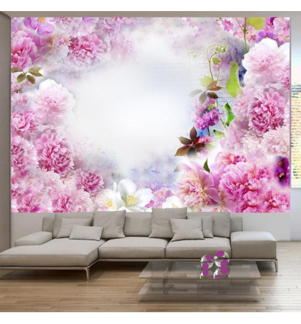 Fototapetti - Scent of Carnations - Abstract Floral Motif with Inscriptions and Clouds