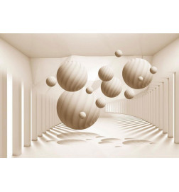 Fotobehang - 3D Abstraction - Beige spheres with shadow in a bright space with columns