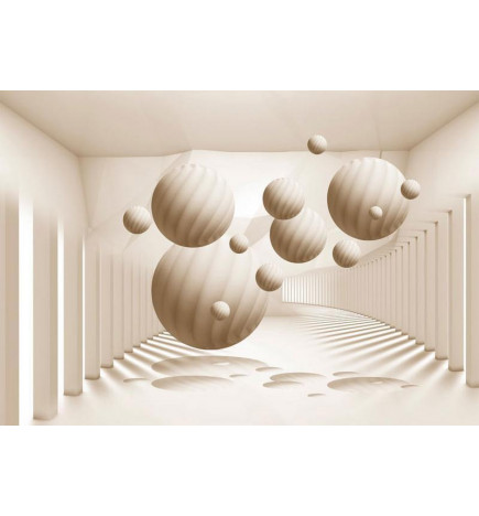 Fototapeet - 3D Abstraction - Beige spheres with shadow in a bright space with columns