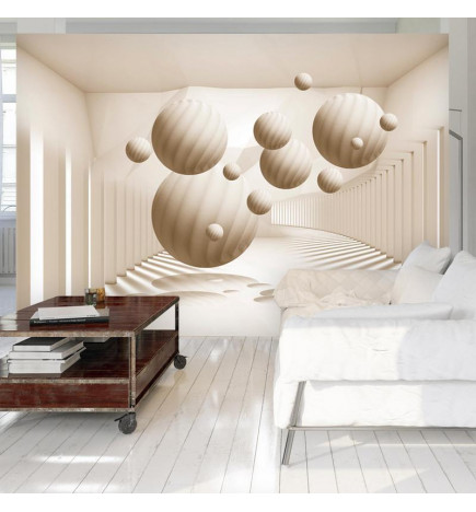 Fototapeta - 3D Abstraction - Beige spheres with shadow in a bright space with columns