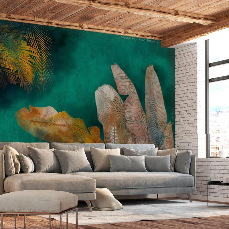 34,00 € Wall Mural - Exotic jungle - plant motif with reflected leaves on a green background