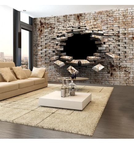 Fotobehang - 3D Wall Entry - Background with Dirty White Brick with a Prominent Hole
