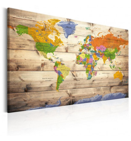 Decorative Pinboard - Map on wood: Colourful Travels