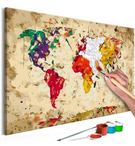 Tableau à peindre par soi-même - Carte du monde (taches colorée)