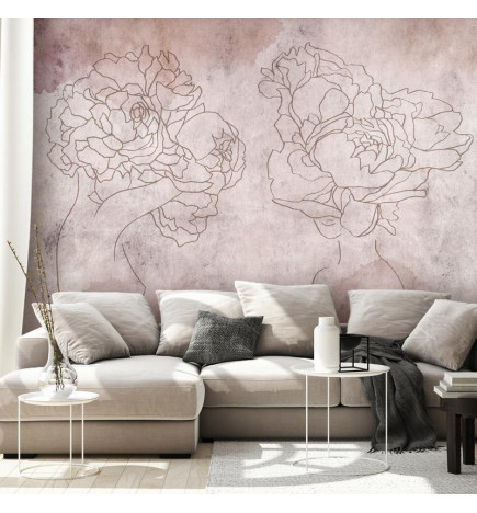 Wall Mural - Floristic abstraction - lineart style silhouettes of people with flowers
