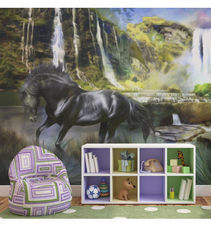 Wall Mural - Horse on the background of sky-blue waterfall