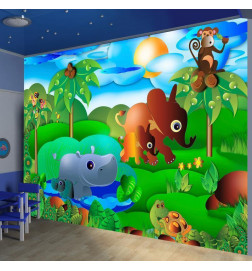 Mural de parede - Wild Animals in the Jungle - Elephant, monkey, turtle with trees for children