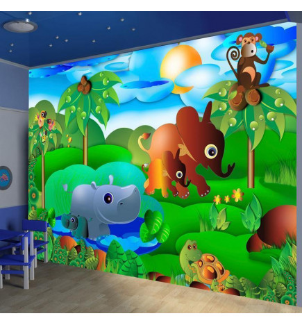 Mural de parede - Wild Animals in the Jungle - Elephant, monkey, turtle with trees for children