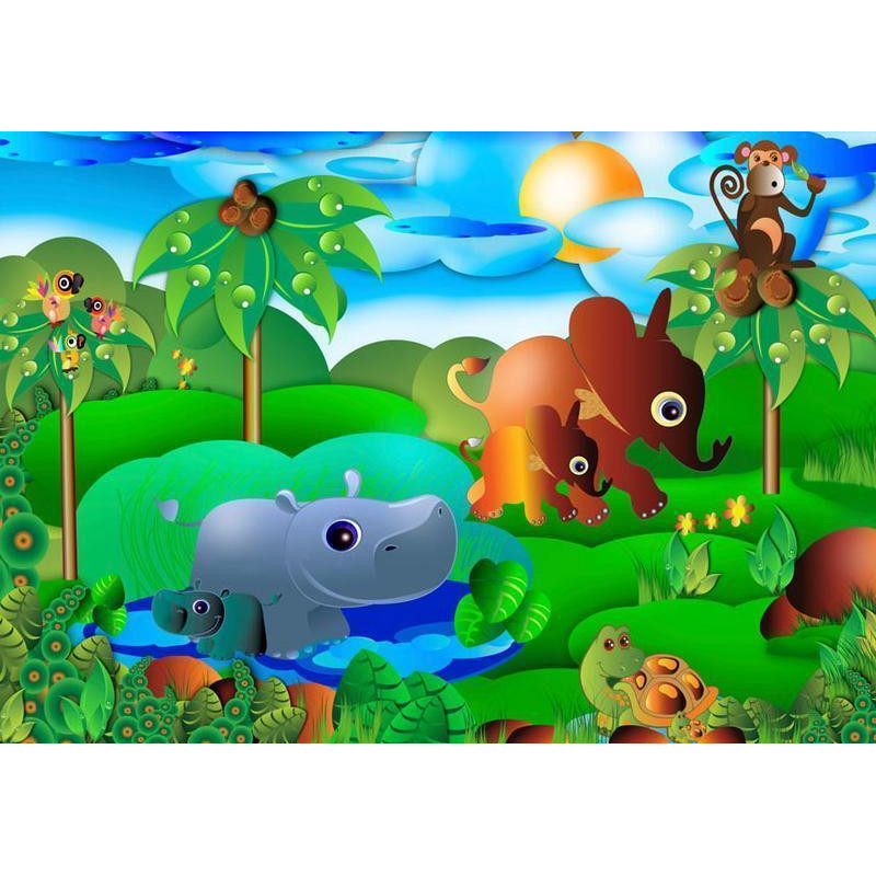 34,00 €Papier peint - Wild Animals in the Jungle - Elephant, monkey, turtle with trees for children