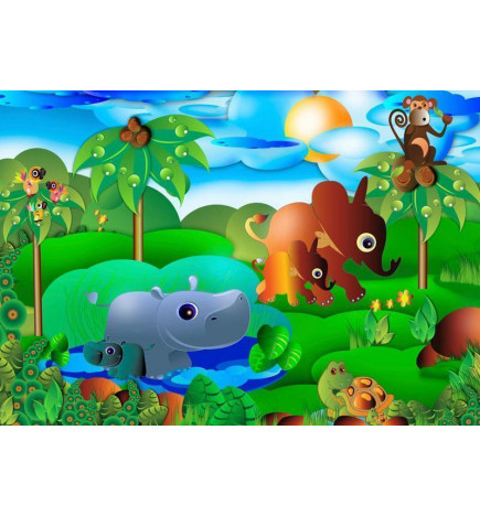 Fototapet - Wild Animals in the Jungle - Elephant, monkey, turtle with trees for children