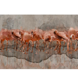 Foto tapete - Exotic birds - pink flamingos with shadow on grey concrete background