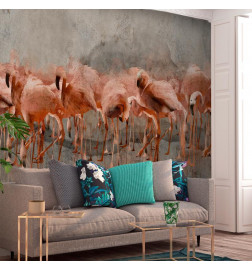 Fotobehang - Exotic birds - pink flamingos with shadow on grey concrete background