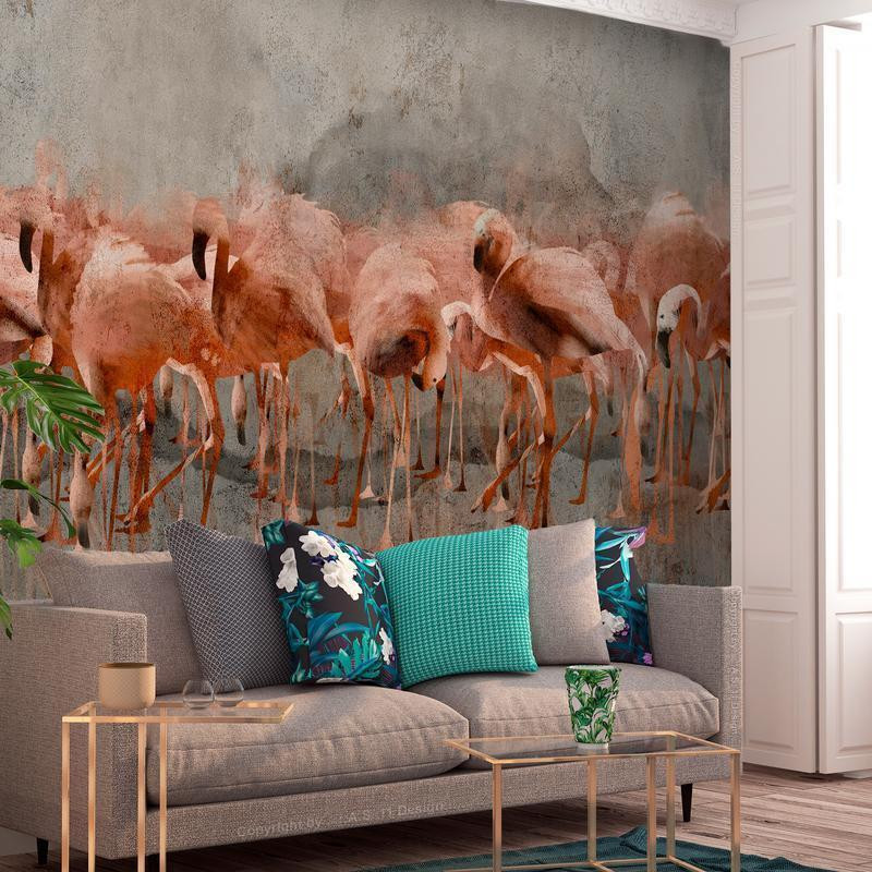 34,00 € Wall Mural - Exotic birds - pink flamingos with shadow on grey concrete background