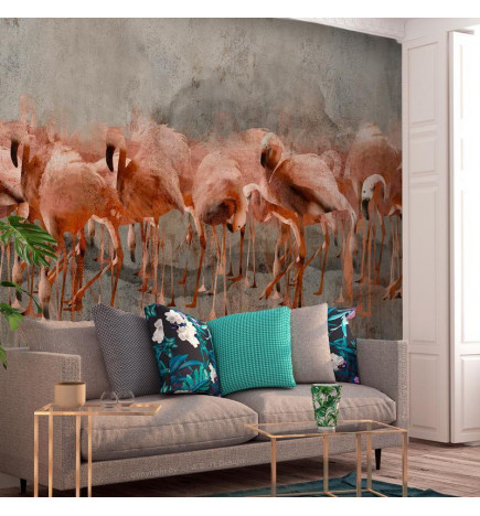 Fototapet - Exotic birds - pink flamingos with shadow on grey concrete background