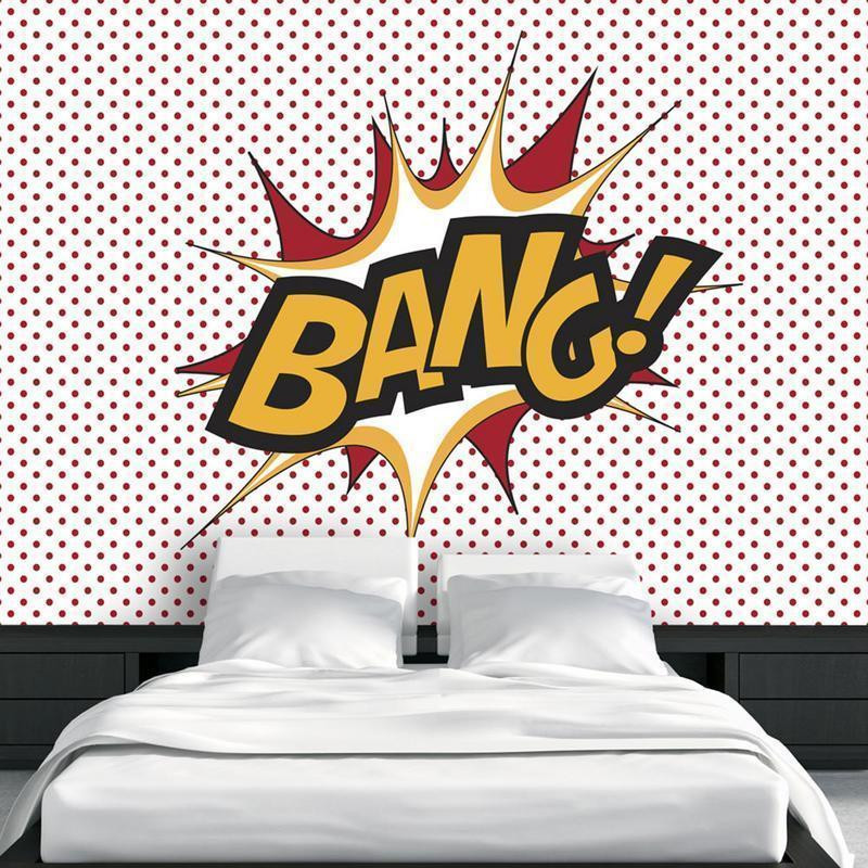 34,00 € Fototapet - BANG! - modern motif with yellow text on a background of red dots