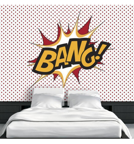 Wall Mural - BANG! - modern motif with yellow text on a background of red dots