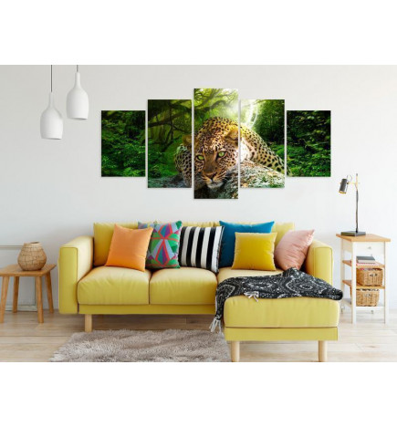 Canvas Print - Leopard Lying (5 Parts) Wide Green