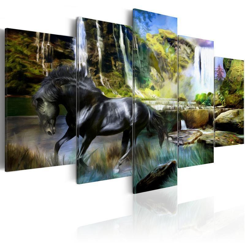 70,90 € Glezna - Black horse on the background of paradise waterfall