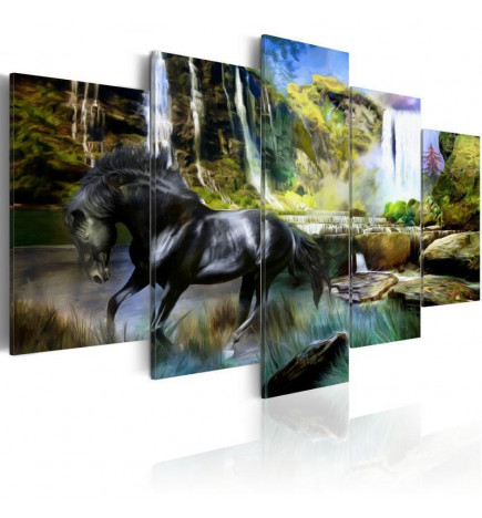 Leinwandbild - Black horse on the background of paradise waterfall