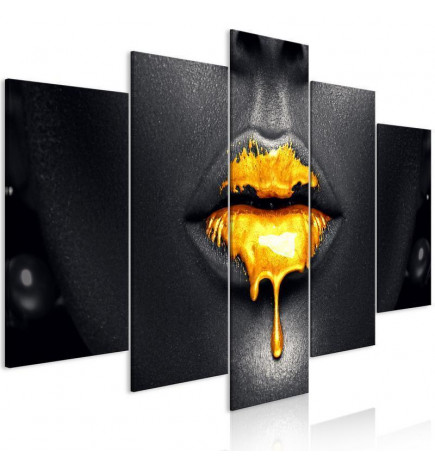 Schilderij - Gold Lips (5 Parts) Wide