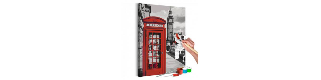 Londense zelfgemaakte schilderijen: Big ben, bussen en Londense landschappen