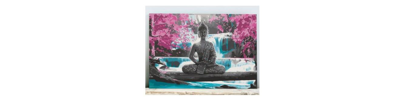 Pinturas DIY com cachoeiras, com Buda e pedras.