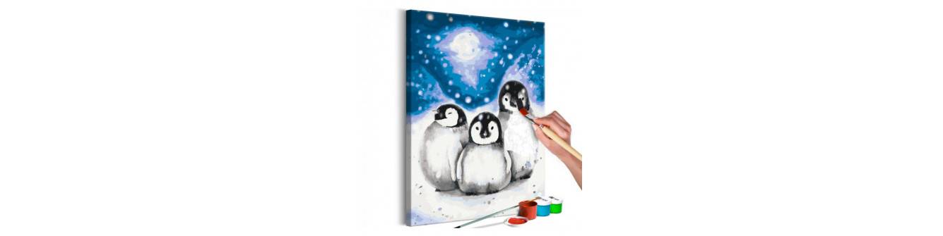 Peintures de bricolage. Avec des pingouins. Peintures pour enfants et adultes.