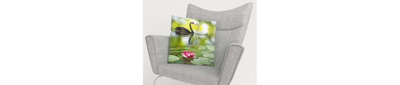 cushion covers with swans, butterflies, flamingos and owls.