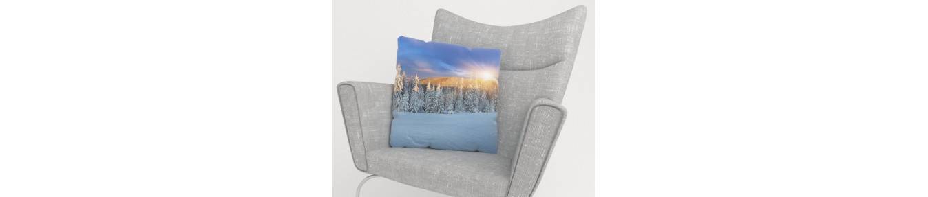 cushion covers with mountain landscapes, animals and Christmas decorations