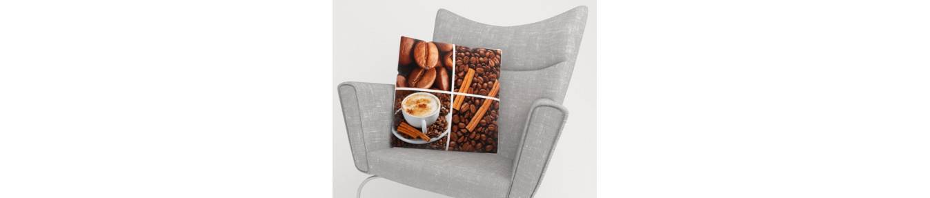 Pillow covers for greedy people. Cushion covers with coffee and sweets.