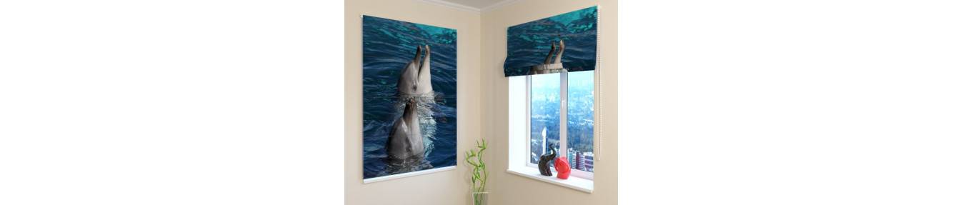 Roman blinds with dolphins, cat, frog and tropical fish