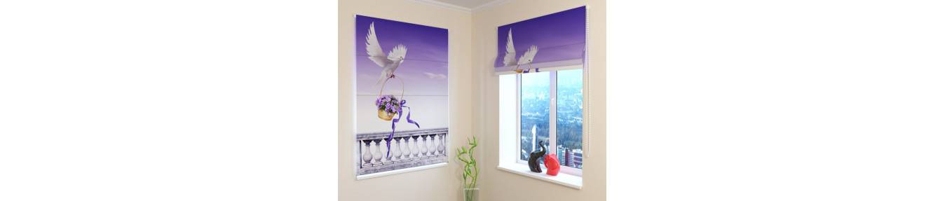 Roman blinds with birds, doves and flamingos