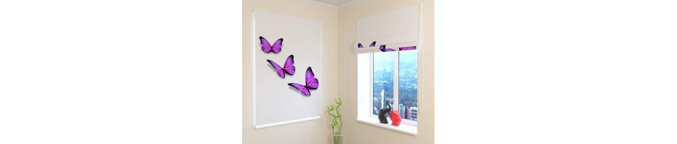 Roman blinds with many butterflies of many colours