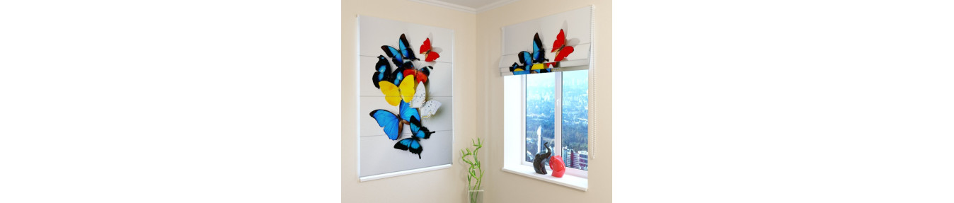 Roman blinds with butterflies of all colors and all types