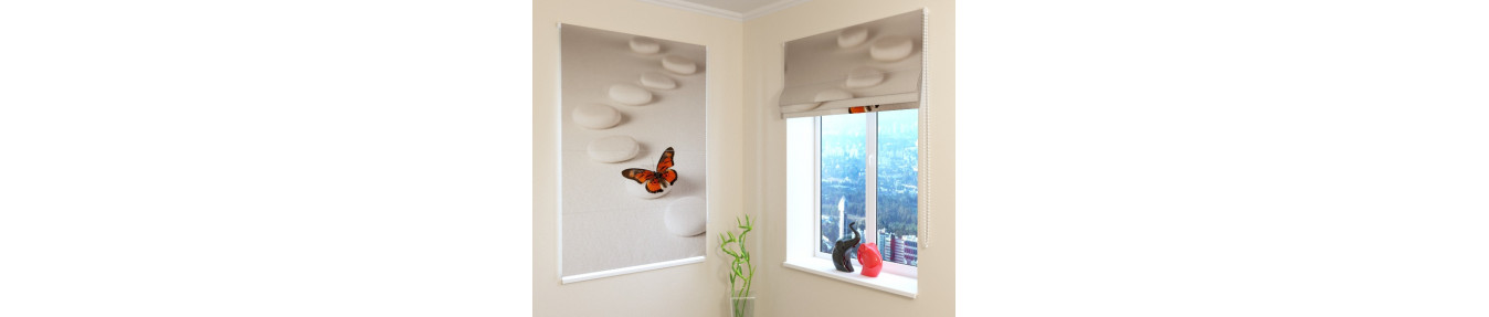 Roman blinds with butterflies, rocks and stones