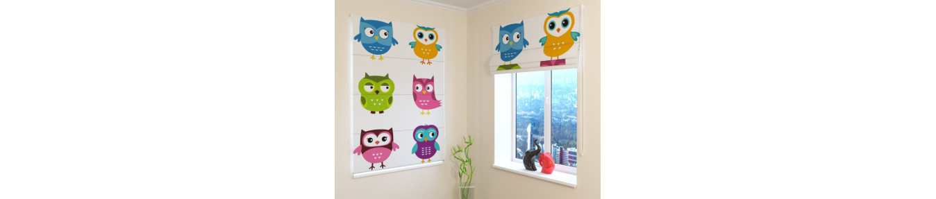 Roman blinds for children, with birds and owls