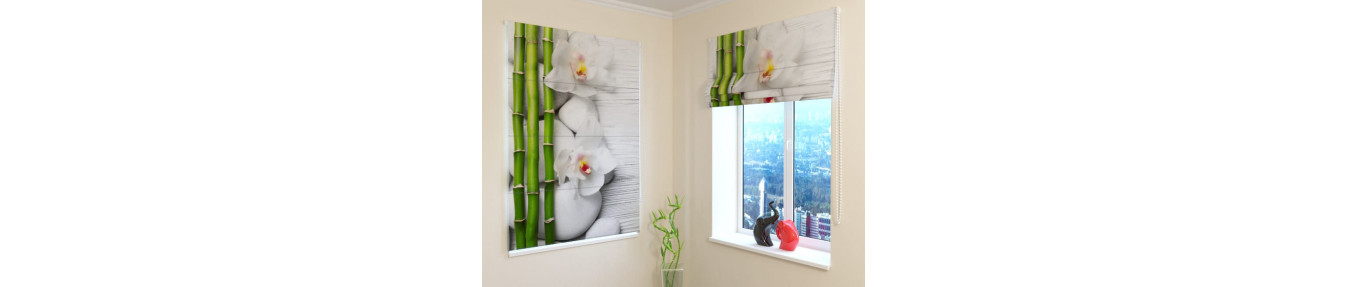 roman blinds with flowers, bamboo and stones